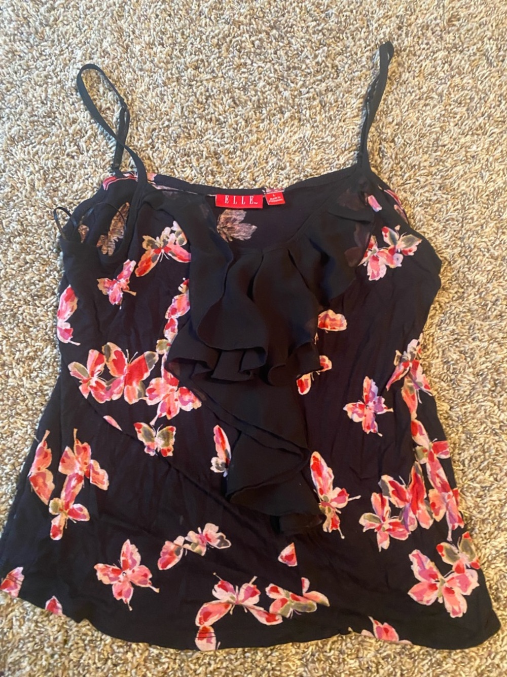 Elle Black Floral Ruffle Cami with Pink Accents